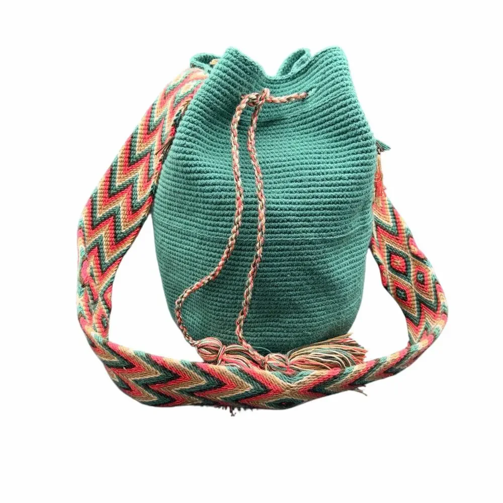 Wayuu Mochila Bag Aqua and pink Handmade Colombian Woven Tassel Strap